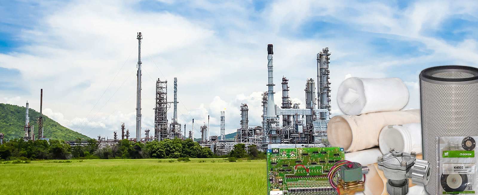 industrial plant in the background with a sampling of products in the foreground